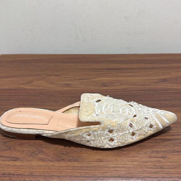 Alberta Ferretti Beige Velvet Flat Mules Embellished with Beads & Crystals. - Picture 4 of 10